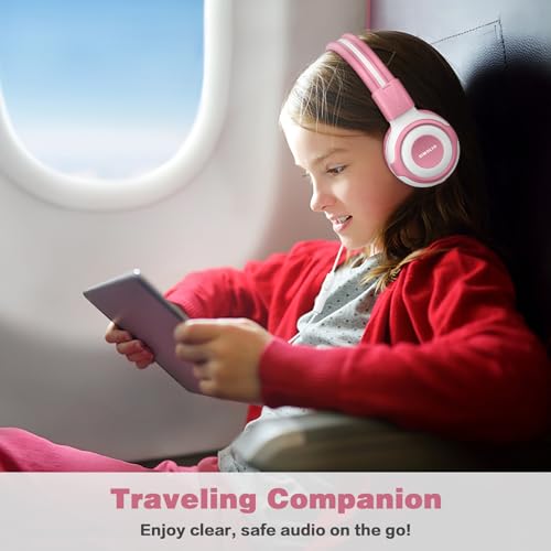 SIMOLIO Wired Headphones for Kids with Mic & Share Port, 75dB/85dB/94dB Volume Limit Children Headphone with Portable Bag for School/Travel, Stereo Sound, Tangle-Free Cord (Pink&White) - Image 2