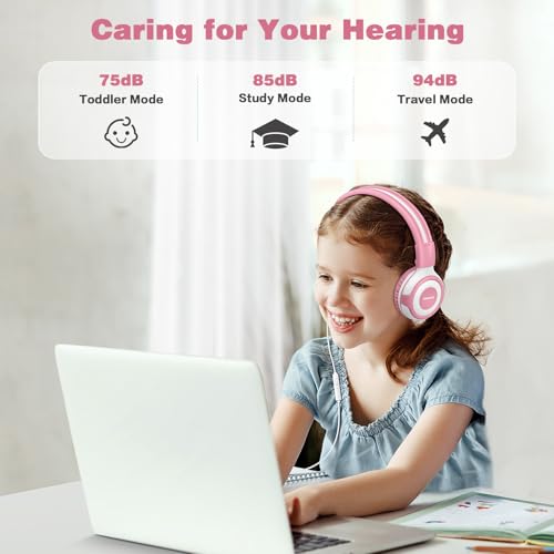 SIMOLIO Wired Headphones for Kids with Mic & Share Port, 75dB/85dB/94dB Volume Limit Children Headphone with Portable Bag for School/Travel, Stereo Sound, Tangle-Free Cord (Pink&White) - Image 3