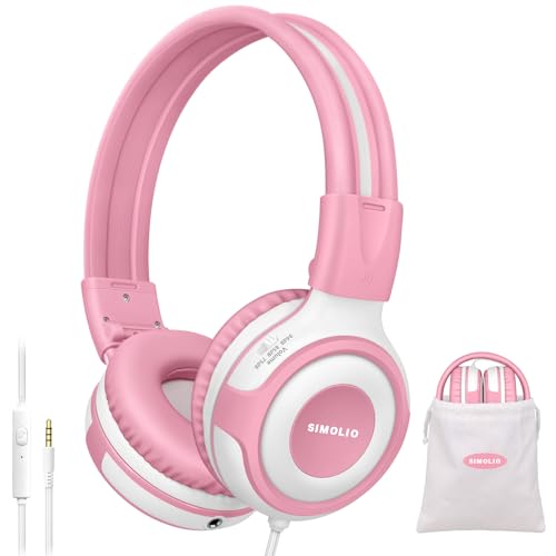 SIMOLIO Wired Headphones for Kids with Mic & Share Port, 75dB/85dB/94dB Volume Limit Children Headphone with Portable Bag for School/Travel, Stereo Sound, Tangle-Free Cord (Pink&White) - Image 1