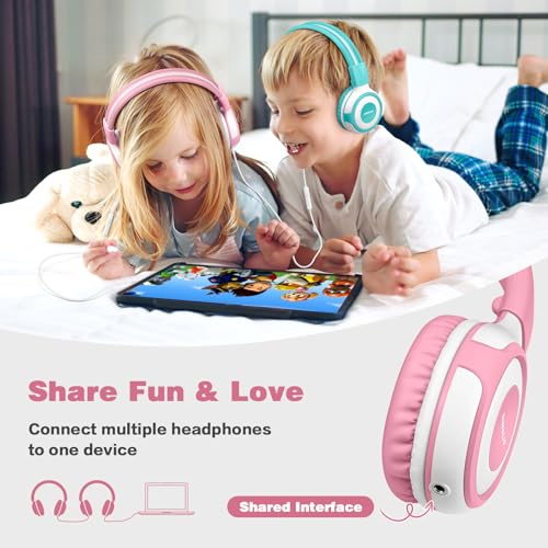 SIMOLIO Wired Headphones for Kids with Mic & Share Port, 75dB/85dB/94dB Volume Limit Children Headphone with Portable Bag for School/Travel, Stereo Sound, Tangle-Free Cord (Pink&White) - Image 4
