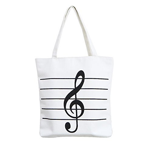 Apol Music Notes Handbag Canvas Tote Bag Reusable Grocery Bag Shoulder Shopping Bag for Women Girls Gift (White) - Image 1