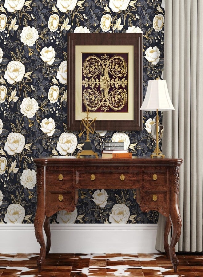Laatse ورق جدران Laatse Boho Floral، ورق لاصق بنمط زهور عتيق، مقاس 17.5 بوصة × 393 بوصة، مصنوع من الفينيل المقاوم للماء، ذاتي اللصق، ورق جدران نباتي للخزائن والأدراج والحمامات (أزرق، أبيض، ذهبي) - Image 3