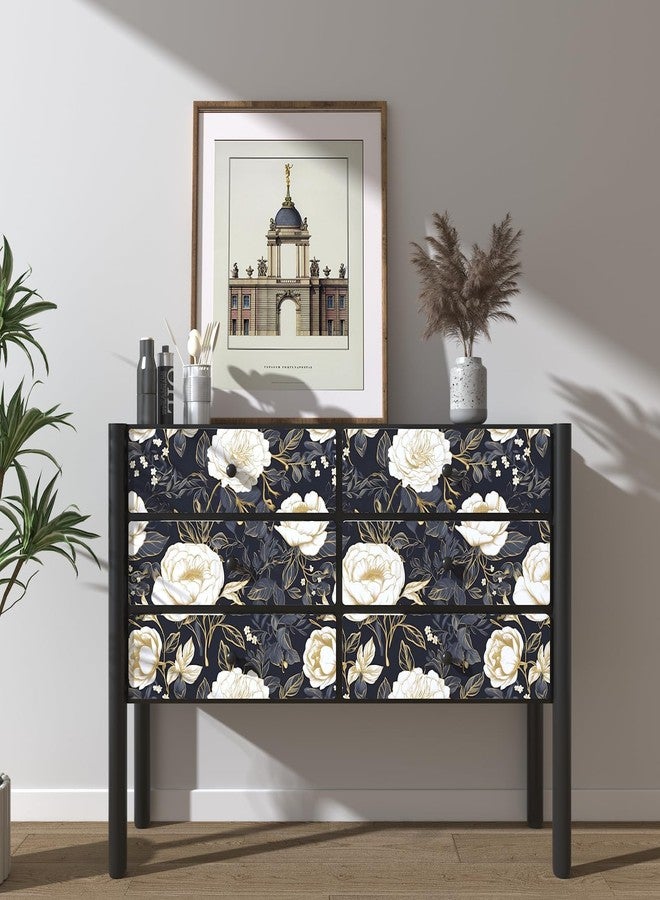 Laatse ورق جدران Laatse Boho Floral، ورق لاصق بنمط زهور عتيق، مقاس 17.5 بوصة × 393 بوصة، مصنوع من الفينيل المقاوم للماء، ذاتي اللصق، ورق جدران نباتي للخزائن والأدراج والحمامات (أزرق، أبيض، ذهبي) - Image 2