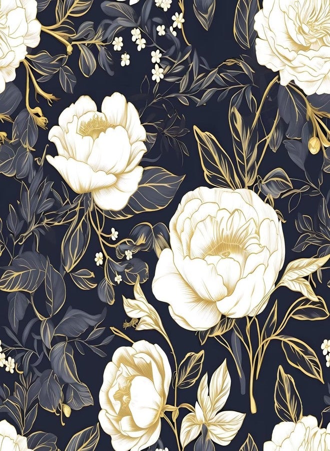 Laatse ورق جدران Laatse Boho Floral، ورق لاصق بنمط زهور عتيق، مقاس 17.5 بوصة × 393 بوصة، مصنوع من الفينيل المقاوم للماء، ذاتي اللصق، ورق جدران نباتي للخزائن والأدراج والحمامات (أزرق، أبيض، ذهبي) - Image 1