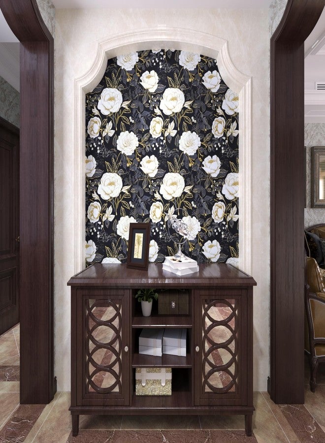 Laatse ورق جدران Laatse Boho Floral، ورق لاصق بنمط زهور عتيق، مقاس 17.5 بوصة × 393 بوصة، مصنوع من الفينيل المقاوم للماء، ذاتي اللصق، ورق جدران نباتي للخزائن والأدراج والحمامات (أزرق، أبيض، ذهبي) - Image 4