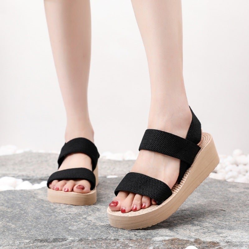 Fashionable Roman Womens Wedge Sandals Black Belt Apricot Bottom