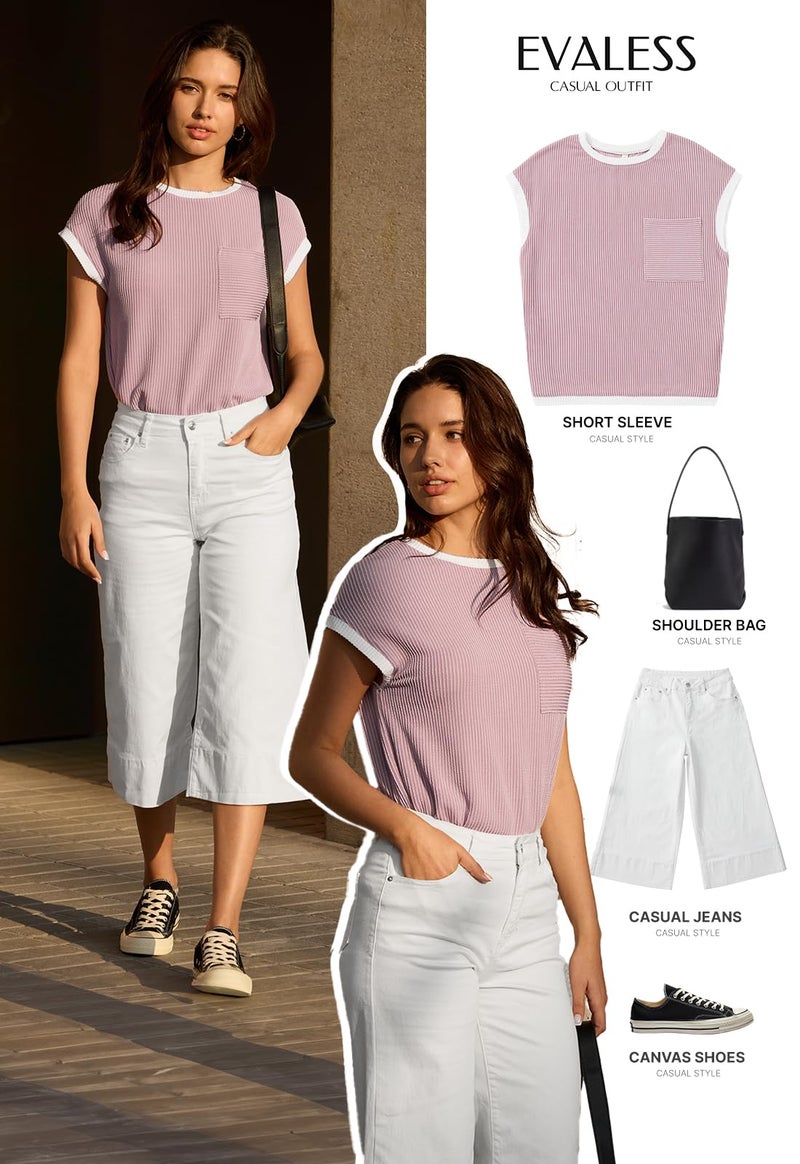 EVALESS Womens Tops Casual Short Sleeve Crewneck Knit T Shirts Spring Trendy Ribbed Basic Tee Blouses with Pockets Ladies Purple Going Out Tops Summer Clothes Medium - Image 4