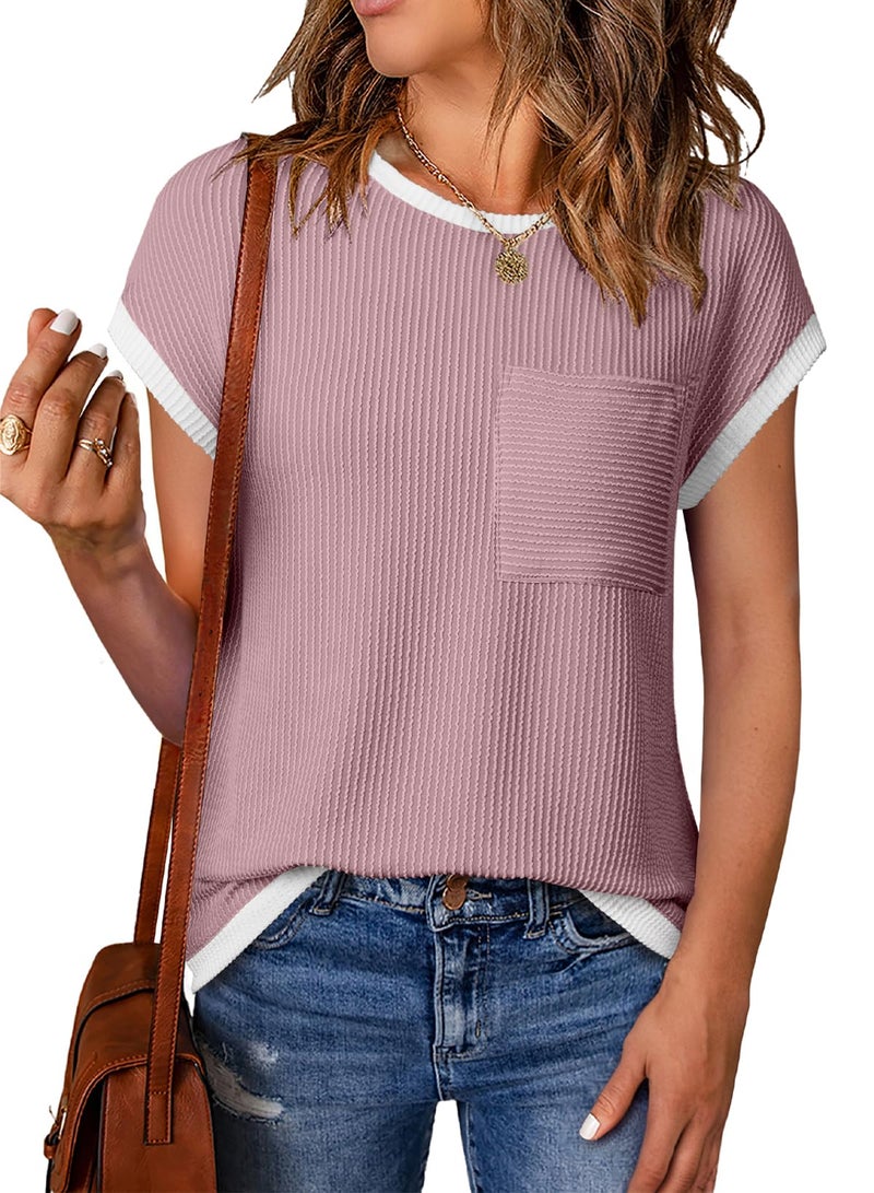 EVALESS Womens Tops Casual Short Sleeve Crewneck Knit T Shirts Spring Trendy Ribbed Basic Tee Blouses with Pockets Ladies Purple Going Out Tops Summer Clothes Medium - Image 1