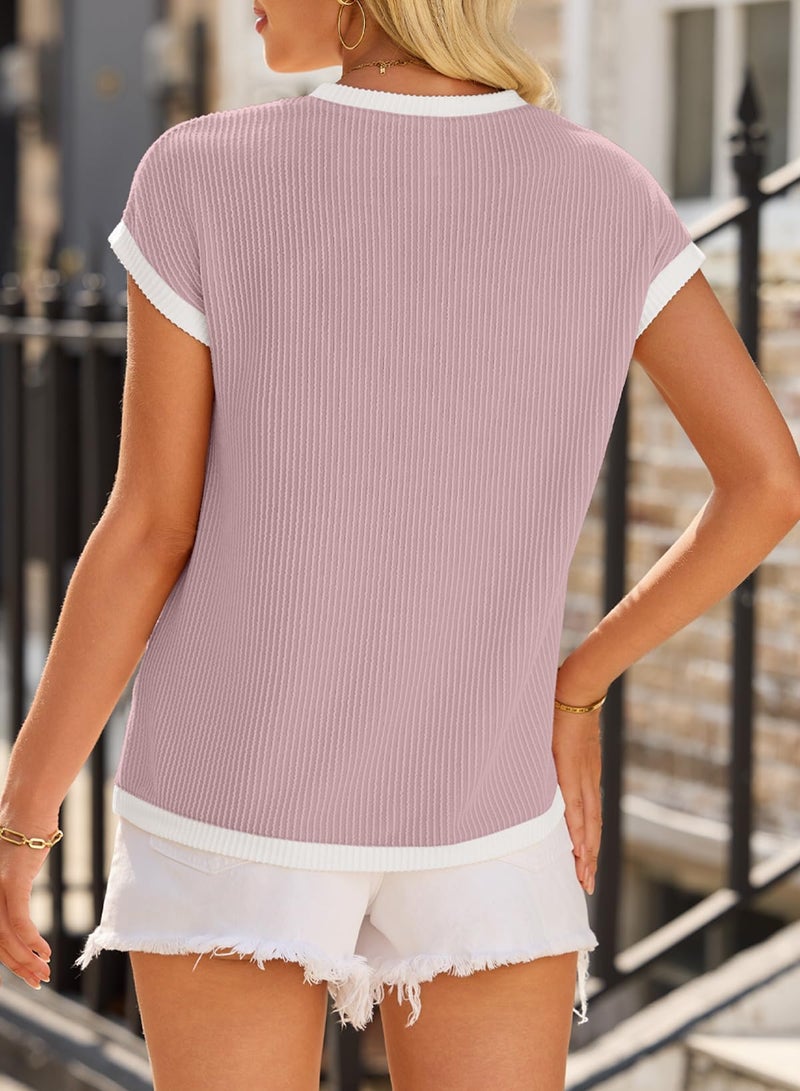 EVALESS Womens Tops Casual Short Sleeve Crewneck Knit T Shirts Spring Trendy Ribbed Basic Tee Blouses with Pockets Ladies Purple Going Out Tops Summer Clothes Medium - Image 3