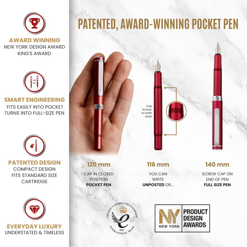 Scriveiner Luxury EDC Fountain Pen (Medium), Matt Red Pocket EDC with Chrome Finish, Schmidt German Nib, Converter, Best Writing Gift Set for Men & Women, Fancy Pen for the Office & Journaling - Image 4