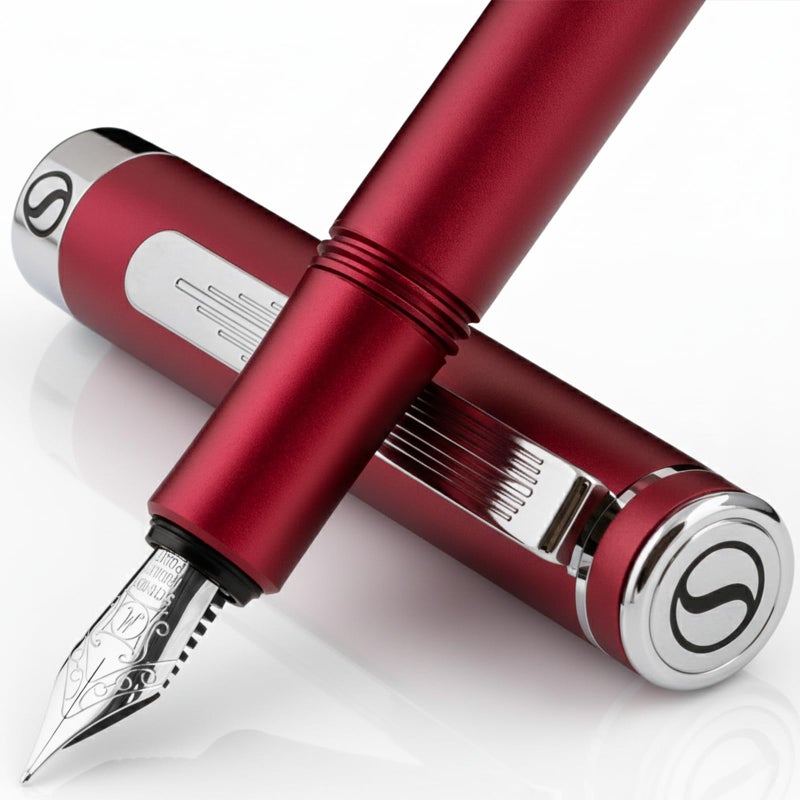 Scriveiner Luxury EDC Fountain Pen (Medium), Matt Red Pocket EDC with Chrome Finish, Schmidt German Nib, Converter, Best Writing Gift Set for Men & Women, Fancy Pen for the Office & Journaling - Image 1