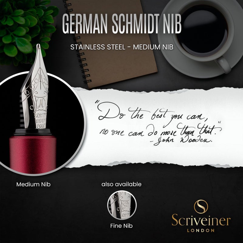 Scriveiner Luxury EDC Fountain Pen (Medium), Matt Red Pocket EDC with Chrome Finish, Schmidt German Nib, Converter, Best Writing Gift Set for Men & Women, Fancy Pen for the Office & Journaling - Image 5