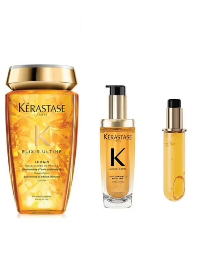 KERASTASE Elixir Ultime Original Hair Oil Refill 75ml & Elixir Ultime Bain Shampoo Clear 250ml & Elixir Ultime Original Refillable Hair Oil 75mlBundle - Image 1