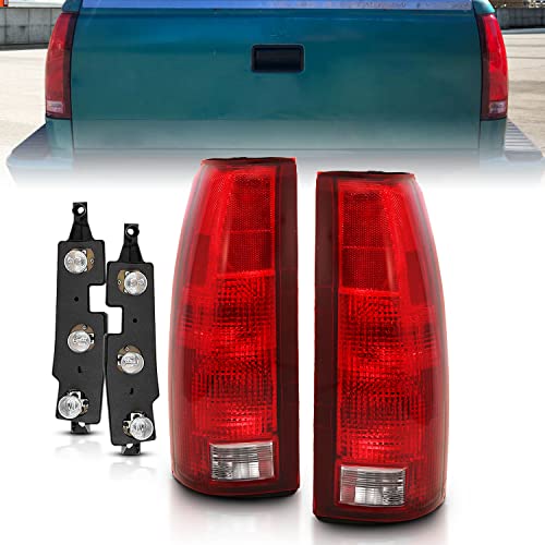 AmeriLite for 1988-2000 Chevy GMC C/K Silverado Sierra Truck Tahoe Suburban OE Red Replacement Halogen Tail Lights Pair + Bulb Connector Plate - Passenger and Driver Side - Image 1