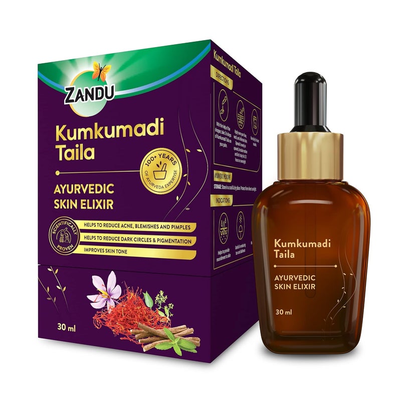 Zandu Kumkumadi Taila 30ml Ayurvedic Face Oil for Glowing Skin  Skin Brightening Serum with Saffron  25 Potent Herbs  Helps Improve Skin Radiance  Helps Reduce Acne Pimples  Both Men  Women - Image 1