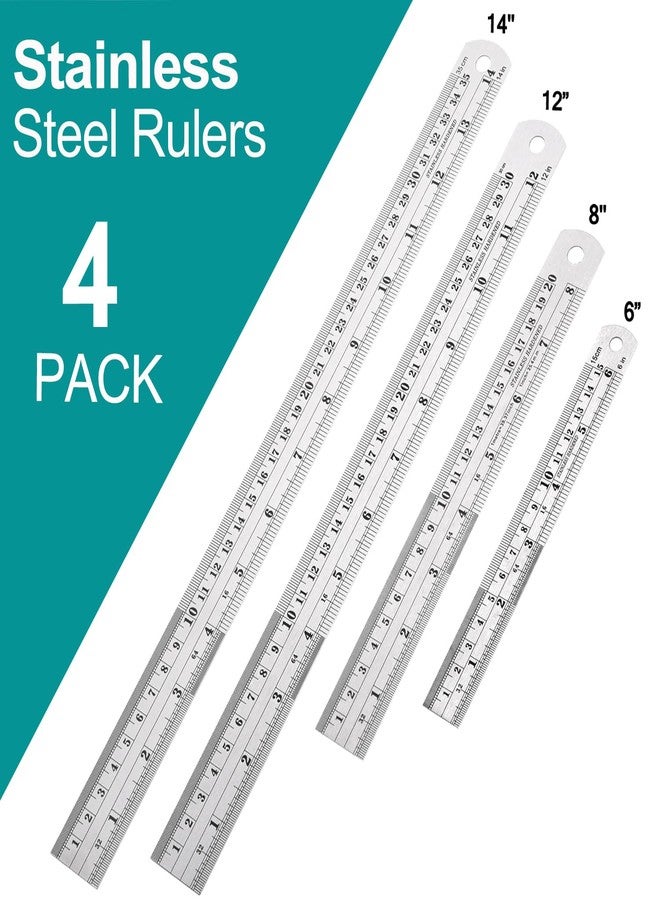 Allwin Metal Rulers, Steel Rulers Pack of 4, 6, 8, 12, 14-inch Stainless Steel Ruler - Image 2
