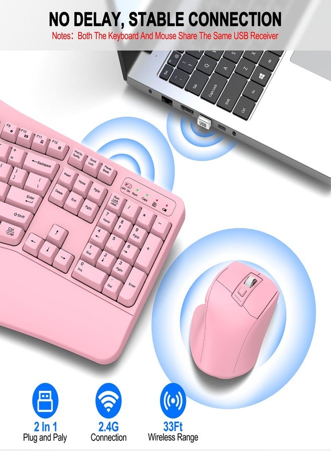 ULSOU Wireless Keyboard and Mouse Combo, 2.4G Full Size Wave Keys Ergonomic Keyboard with Wrist Rest and 3-Level DPI Adjustable Wireless Ergonomic Mouse for Windows, Mac OS Desktop/Laptop/PC(Pink) - Image 5