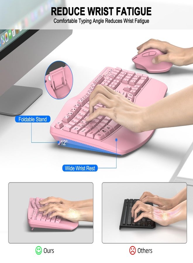 ULSOU Wireless Keyboard and Mouse Combo, 2.4G Full Size Wave Keys Ergonomic Keyboard with Wrist Rest and 3-Level DPI Adjustable Wireless Ergonomic Mouse for Windows, Mac OS Desktop/Laptop/PC(Pink) - Image 3