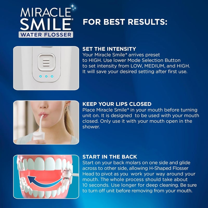 Ontel Miracle Smile Water Flosser for TeethGum Health Unique HShaped Flossing Head4 Water Jets Cordless Water Flosser Features 360 Cleaning3 Pressure Modes USB Rechargeable Dental Floss White - Image 5