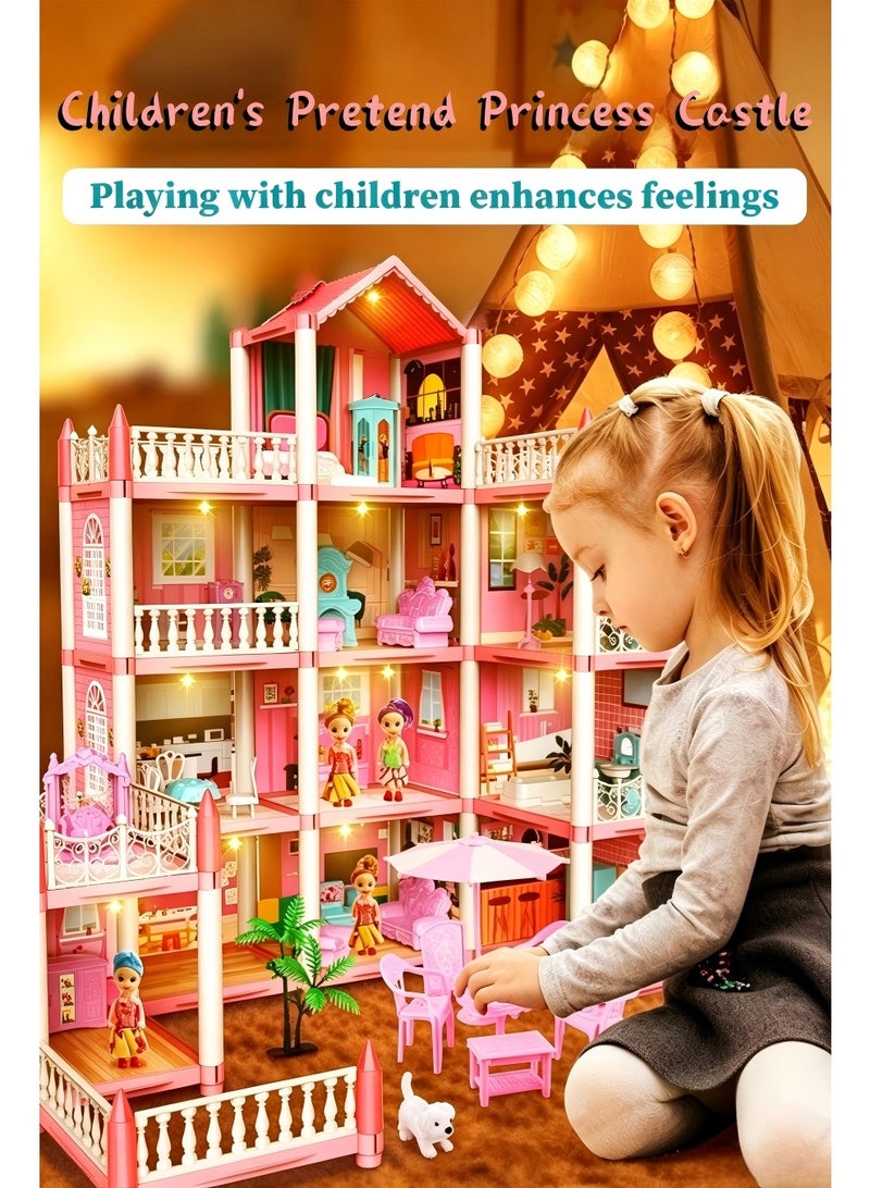 4-Story 11-Room Princess Castle Dollhouse with Large Yard & Furniture | Pretend Play Dream Villa, Pink Mansion Doll House Playset with Dolls, Pets & Accessories, DIY Assembly Toy for Girls, Toddler Pretend House, Kid’s Dream Palace with Balcony, Slide & Outdoor Patio - Image 1