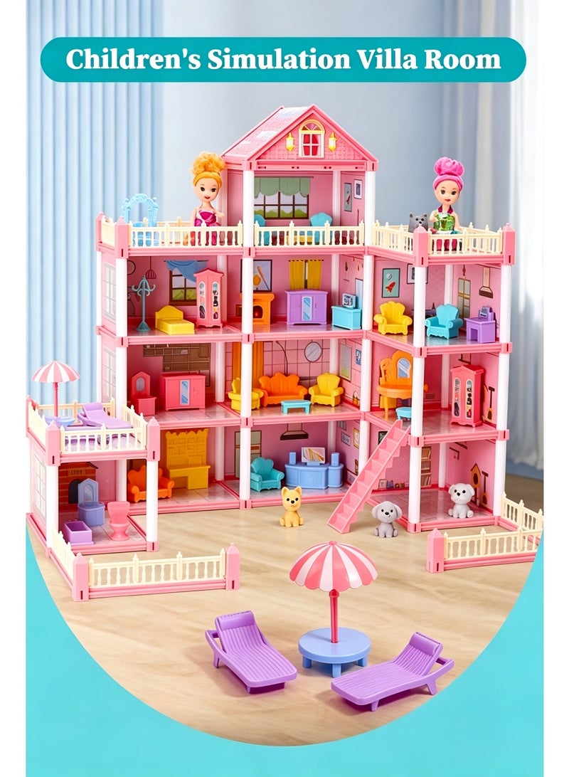 4-Story 11-Room Princess Castle Dollhouse with Large Yard & Furniture | Pretend Play Dream Villa, Pink Mansion Doll House Playset with Dolls, Pets & Accessories, DIY Assembly Toy for Girls, Toddler Pretend House, Kid’s Dream Palace with Balcony, Slide & Outdoor Patio - Image 4