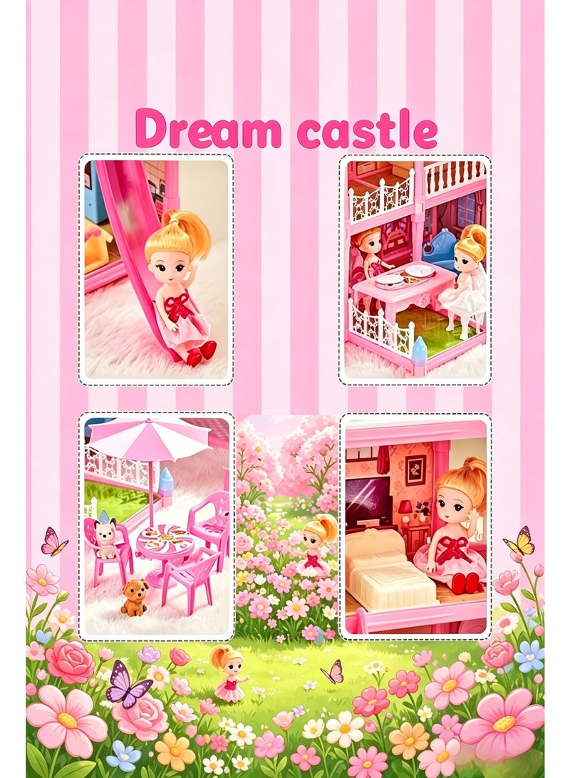 4-Story 11-Room Princess Castle Dollhouse with Large Yard & Furniture | Pretend Play Dream Villa, Pink Mansion Doll House Playset with Dolls, Pets & Accessories, DIY Assembly Toy for Girls, Toddler Pretend House, Kid’s Dream Palace with Balcony, Slide & Outdoor Patio - Image 3