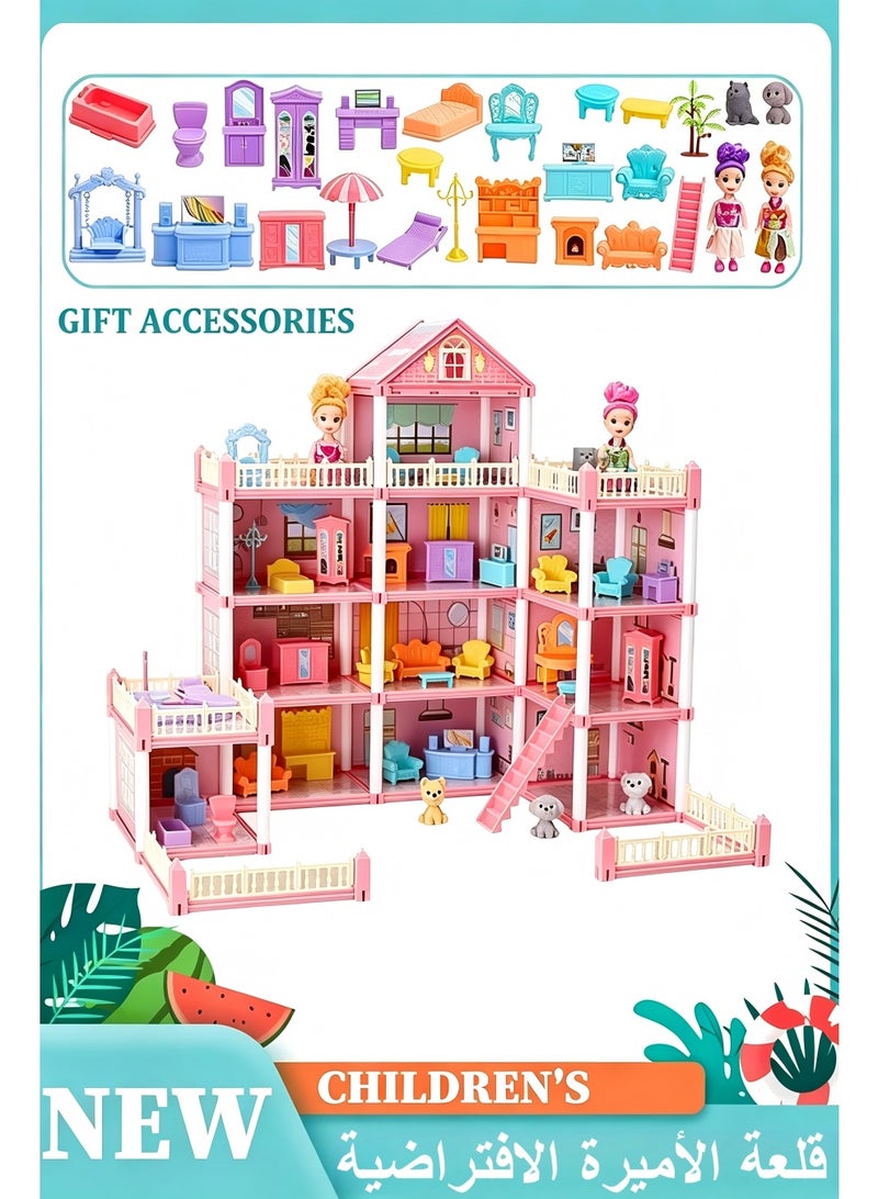 4-Story 11-Room Princess Castle Dollhouse with Large Yard & Furniture | Pretend Play Dream Villa, Pink Mansion Doll House Playset with Dolls, Pets & Accessories, DIY Assembly Toy for Girls, Toddler Pretend House, Kid’s Dream Palace with Balcony, Slide & Outdoor Patio - Image 2