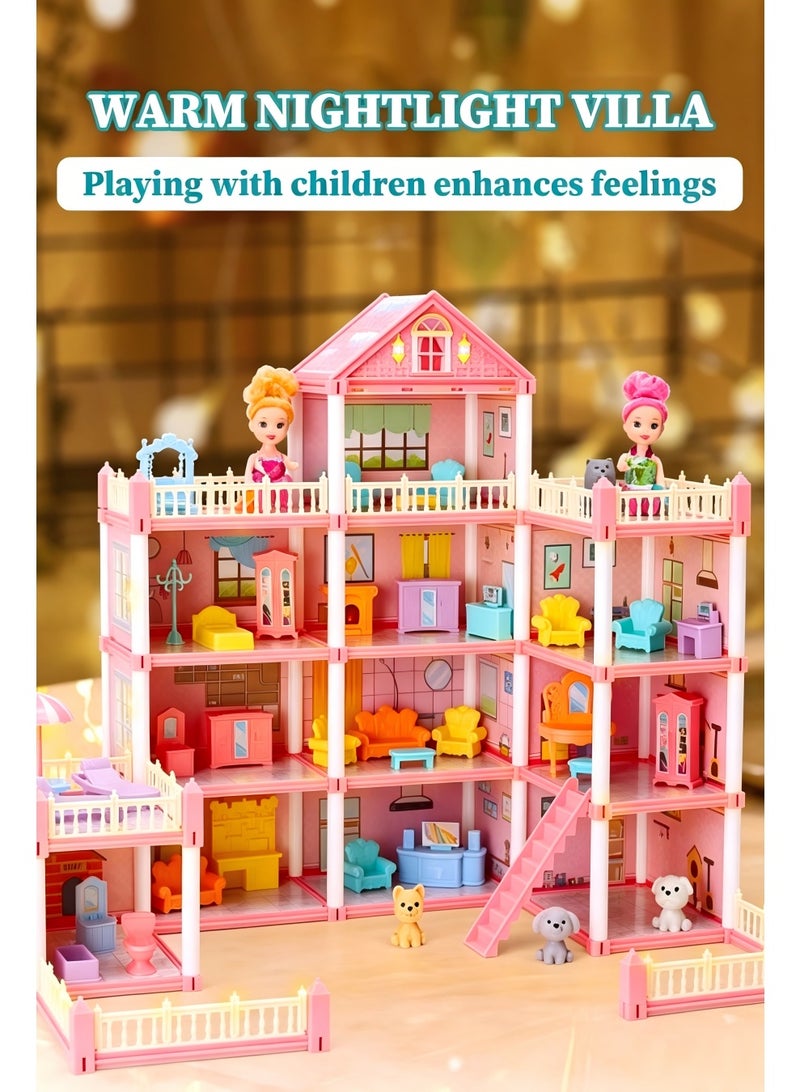 4-Story 11-Room Princess Castle Dollhouse with Large Yard & Furniture | Pretend Play Dream Villa, Pink Mansion Doll House Playset with Dolls, Pets & Accessories, DIY Assembly Toy for Girls, Toddler Pretend House, Kid’s Dream Palace with Balcony, Slide & Outdoor Patio - Image 5