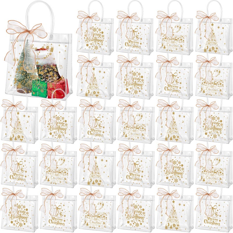 Henoyso 24 Pcs Gold Christmas Clear Gift Bags Plastic Goodie Candy Treat Bag with Handles PVC Gift Wrap Totes with Ribbon for Xmas Party Favors 78 x 78 x 31 - Image 2