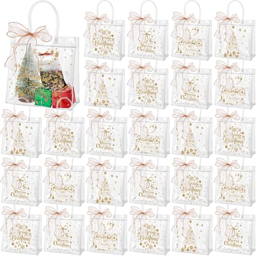 Henoyso 24 Pcs Gold Christmas Clear Gift Bags Plastic Goodie Candy Treat Bag with Handles PVC Gift Wrap Totes with Ribbon for Xmas Party Favors 78 x 78 x 31 - Image 1