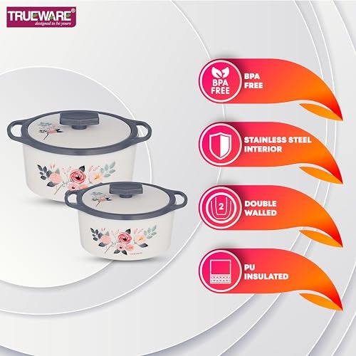 Trueware Floraa Casserole | Grey | Set of 3 | 750, 1000 & 1500 ML | Thermoware Casserole | BPA Free | Inner Steel Outer Plastic | Food Grade | Ideal for Chapatti | Roti | Curd Maker | Hot Pot - Image 3
