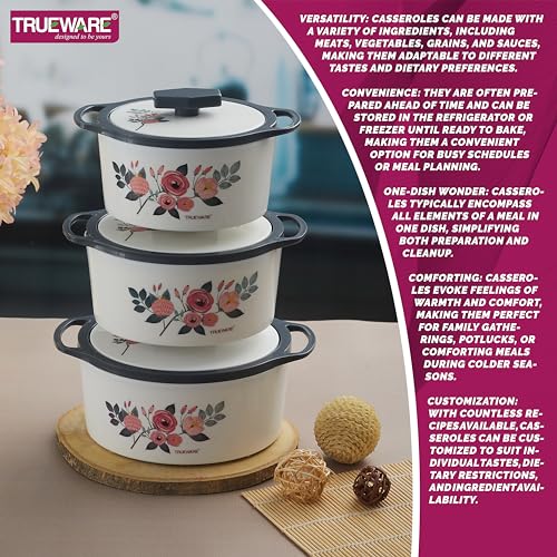 Trueware Floraa Casserole | Grey | Set of 3 | 750, 1000 & 1500 ML | Thermoware Casserole | BPA Free | Inner Steel Outer Plastic | Food Grade | Ideal for Chapatti | Roti | Curd Maker | Hot Pot - Image 4