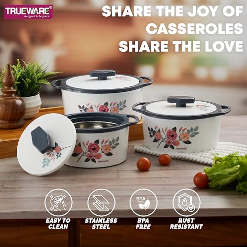 Trueware Floraa Casserole | Grey | Set of 3 | 750, 1000 & 1500 ML | Thermoware Casserole | BPA Free | Inner Steel Outer Plastic | Food Grade | Ideal for Chapatti | Roti | Curd Maker | Hot Pot - Image 5