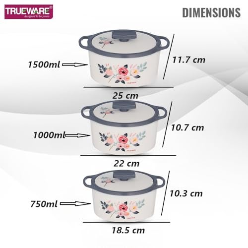 Trueware Floraa Casserole | Grey | Set of 3 | 750, 1000 & 1500 ML | Thermoware Casserole | BPA Free | Inner Steel Outer Plastic | Food Grade | Ideal for Chapatti | Roti | Curd Maker | Hot Pot - Image 2