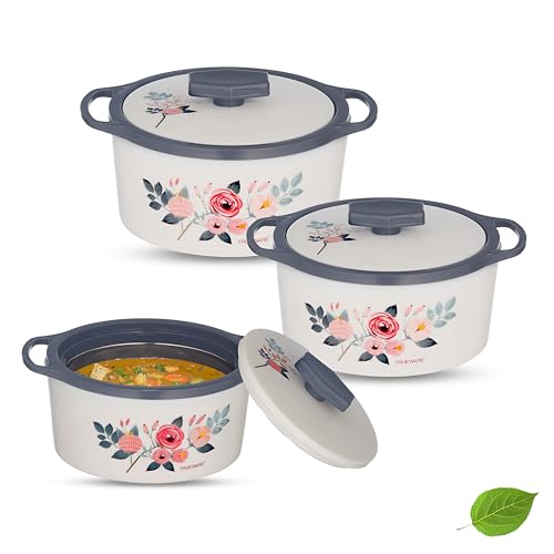Trueware Floraa Casserole | Grey | Set of 3 | 750, 1000 & 1500 ML | Thermoware Casserole | BPA Free | Inner Steel Outer Plastic | Food Grade | Ideal for Chapatti | Roti | Curd Maker | Hot Pot - Image 1