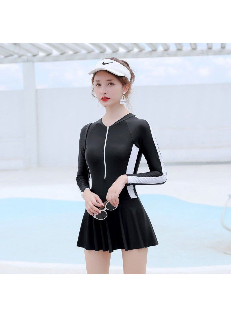Generic - Slimming Color Block One-Piece Swimsuit Black and White (skirt) - Image 1