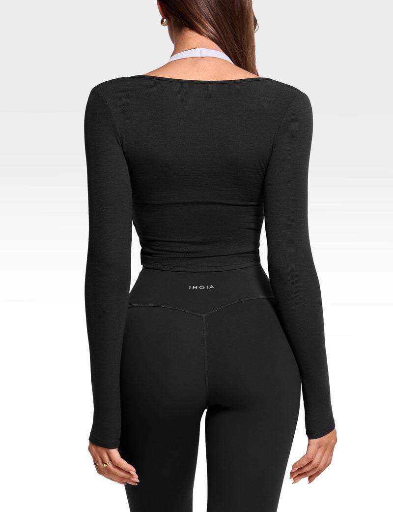 INGIA Womens Long Sleeve Knot Top Twist Front Cropped Activewear Ribbed Shirt Ballet Pilates Yoga Gym Top Black Large - Image 2