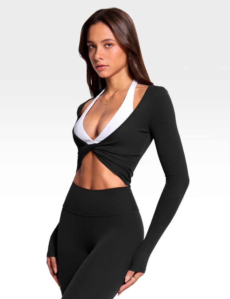 INGIA Womens Long Sleeve Knot Top Twist Front Cropped Activewear Ribbed Shirt Ballet Pilates Yoga Gym Top Black Large - Image 4