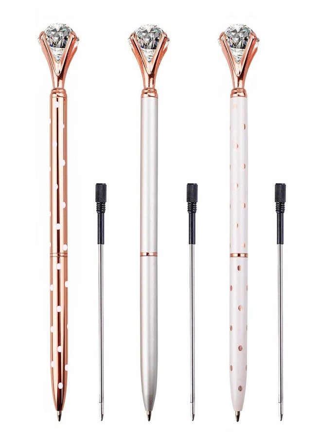 LONGKEY 3PCS Big Crystal Diamond Ballpoint Pen Bling Metal Ballpoint PenOffices and schools, silver/White With Polka Dots/Rose Gold With Polka Dots, Includes 3 Pen Refills - Image 2