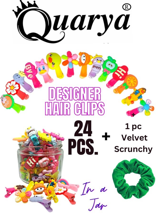 Quarya Hair Clips For Girls Babies Toddlers Set of 24 pcs Cute Cartoon Characters Hair Clips Set Baby Hair pins For Kids Girls Hair Accessories (24 pcs plus 1 Velvet Scrunchy in a Jar), Multicolor - Image 2