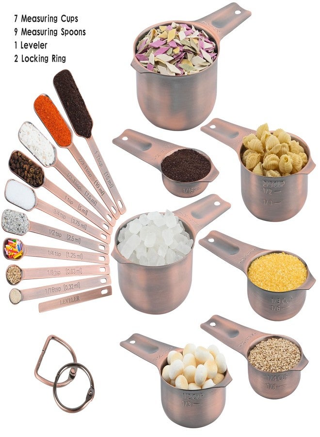 Viwehots Measuring Cups and Spoons Set, Copper Plated Measuring Cups Spoons, Stainless Steel 7 Measuring cups and 9 Measuring Spoons 1 Leveler for Baking and Kitchen, Metal Copper Measure Cups&Spoons - Image 4