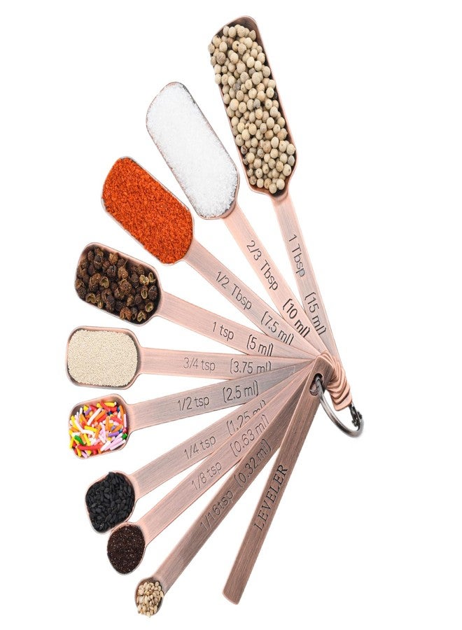 Viwehots Measuring Cups and Spoons Set, Copper Plated Measuring Cups Spoons, Stainless Steel 7 Measuring cups and 9 Measuring Spoons 1 Leveler for Baking and Kitchen, Metal Copper Measure Cups&Spoons - Image 3