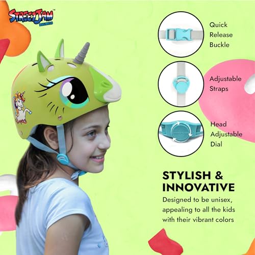 STREETJAM Magic Unicorn Open Face Sports Helmet for Kids, Hard PP Outer Shell, EPS Inner Comfort Linner case, Adjustable Strap & Adjuster Dial, Unisex Helmet for Cycling (5-8 Years, Light Green) - Image 4