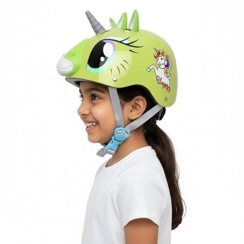 STREETJAM Magic Unicorn Open Face Sports Helmet for Kids, Hard PP Outer Shell, EPS Inner Comfort Linner case, Adjustable Strap & Adjuster Dial, Unisex Helmet for Cycling (5-8 Years, Light Green) - Image 1