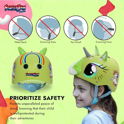 STREETJAM Magic Unicorn Open Face Sports Helmet for Kids, Hard PP Outer Shell, EPS Inner Comfort Linner case, Adjustable Strap & Adjuster Dial, Unisex Helmet for Cycling (5-8 Years, Light Green) - Image 5