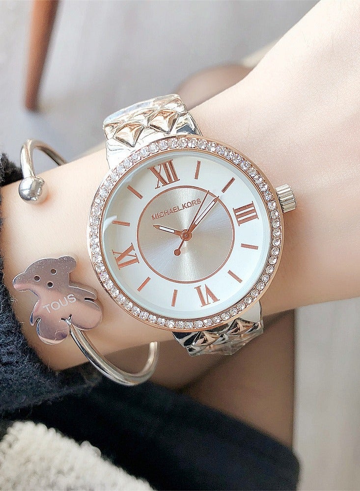 MK Michael Kors Watch for Women Rose Gold Tone with Crystal Pave Bezel and Roman Numerals - Image 1