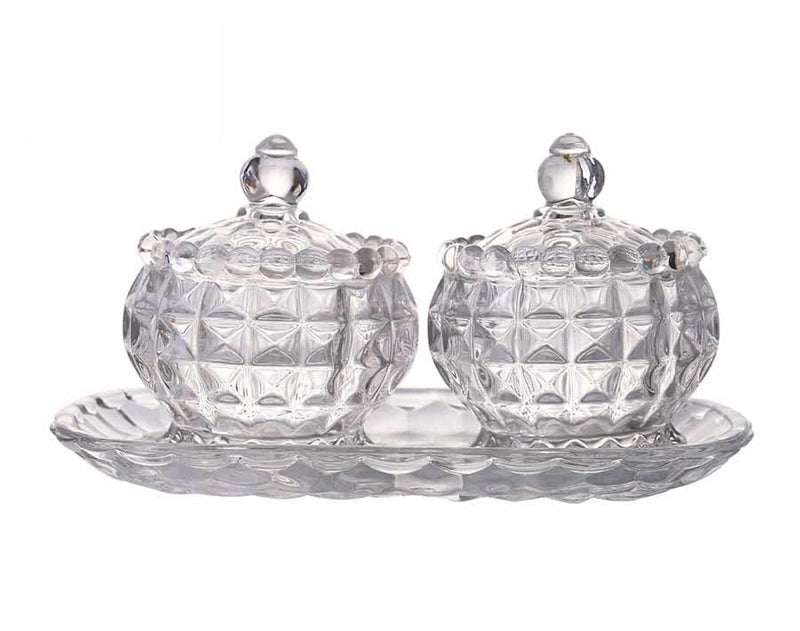 Hatanu Mall Hatanu Mall Crystal Glass Candy Lotus Shape jar Serving Bowl with Tray Set of 3 Piece Clear Multi Design  - Image 1