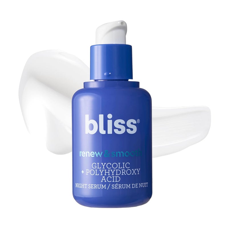 Bliss Renew  Smooth Night Face Serum  Resurfacing Treatment with Glycolic Acid and AHA Glycolic  Polyhydroxy Acid  for Smoother Brighter Skin  Vegan  CrueltyFree Exfoliating Serum  1 Fl Oz