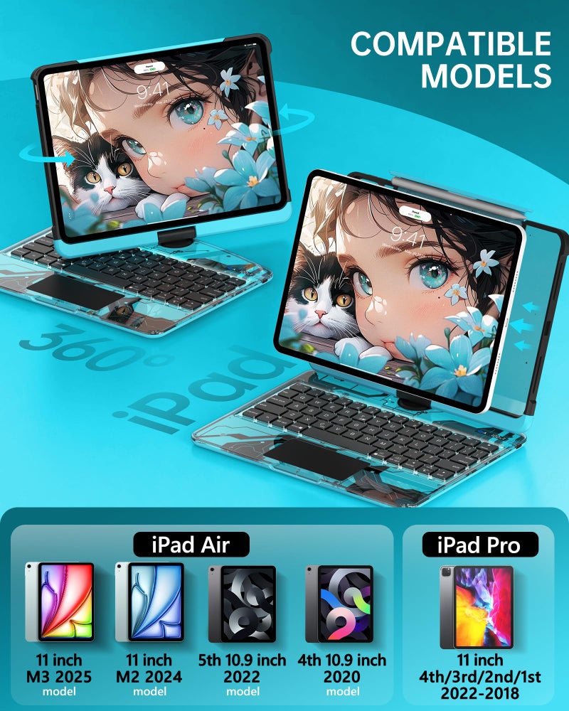 Intermerge Clear Keyboard Case for iPad Air 11" (M3/M2, 2025/2024), Air 5th/4th, Pro 11" 2022-2018, 360Â° Swivel Multi-Touch Trackpad, 7-Color Backlit, Pencil Holder, Type-C, Aqua Pulse - Image 2