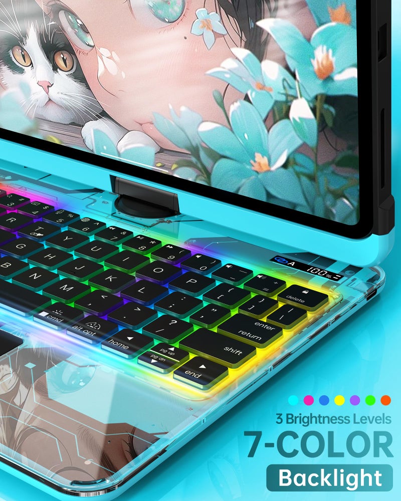 Intermerge Clear Keyboard Case for iPad Air 11" (M3/M2, 2025/2024), Air 5th/4th, Pro 11" 2022-2018, 360Â° Swivel Multi-Touch Trackpad, 7-Color Backlit, Pencil Holder, Type-C, Aqua Pulse - Image 5